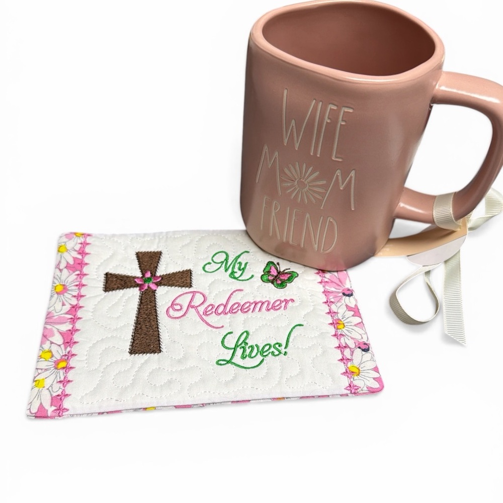 Hand Crafted Mug Rug Coaster Embroidered Cotton My Redeemer Lives Pink White - Picture 7 of 7